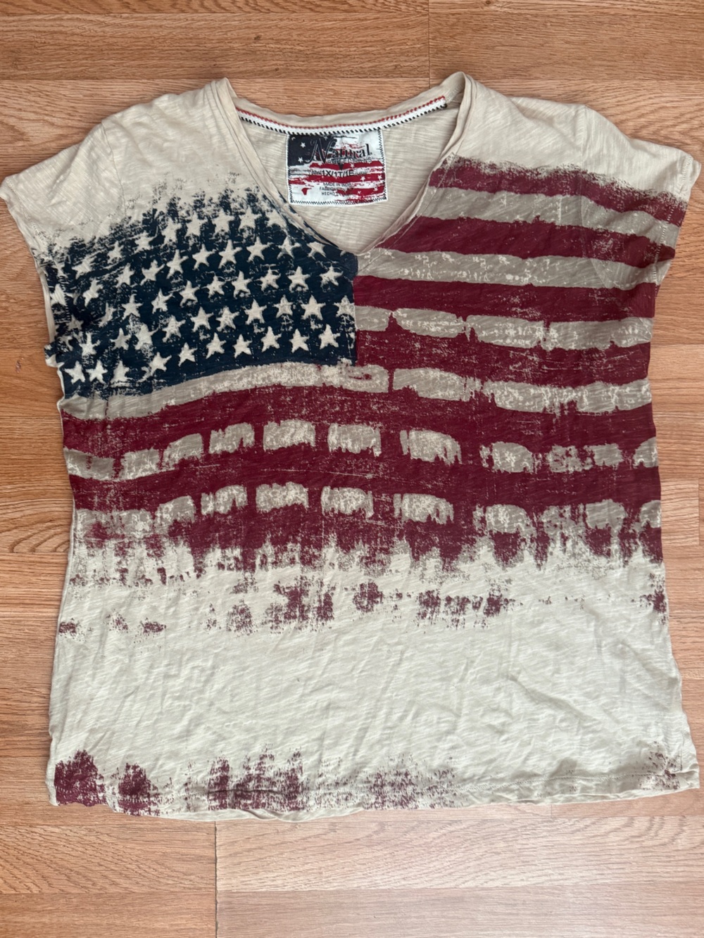 Natural Reflections Distressed Flag V-Neck Tee - Beige/Red/Blue